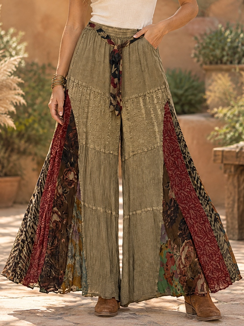 YOUNG THREADS (Olive) Patchwork Layered Boho Wide Leg Relaxed Flowy Pants